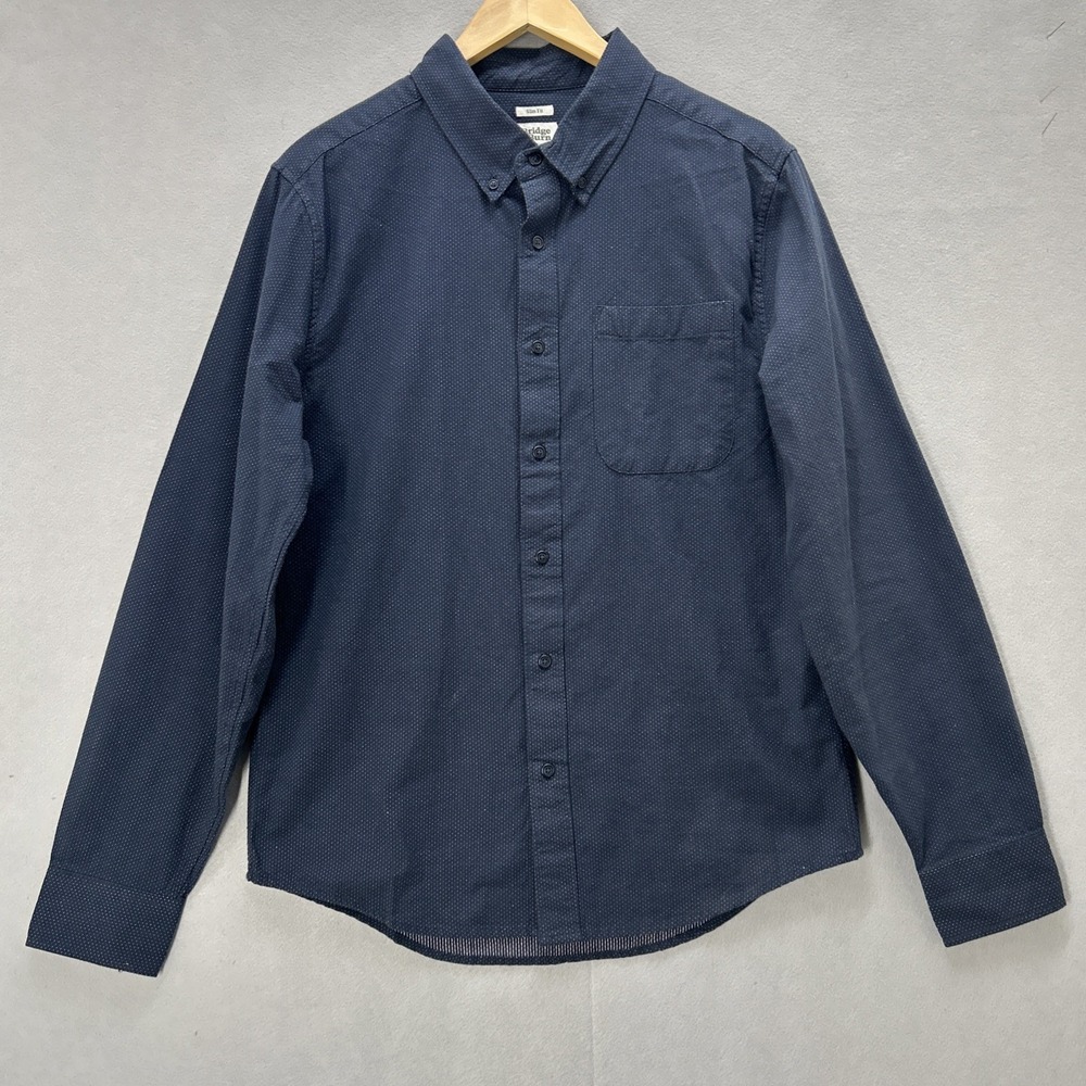 Bridge & Burn Sutton Men M Navy Blue Polka Dot Slim Fit Cotton Button Down Shirt